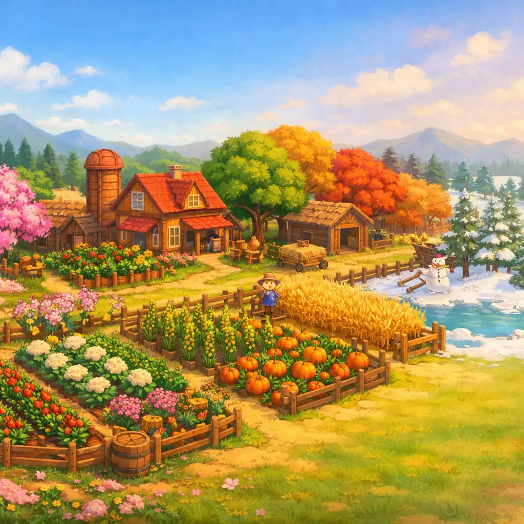 Farma Stardew Valley przedstawiająca wszystkie cztery sezony